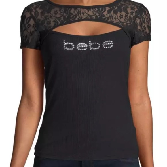 bebe Logo Shirt Rhinestone Lace PEAKABOO Top - Picture 2 of 8